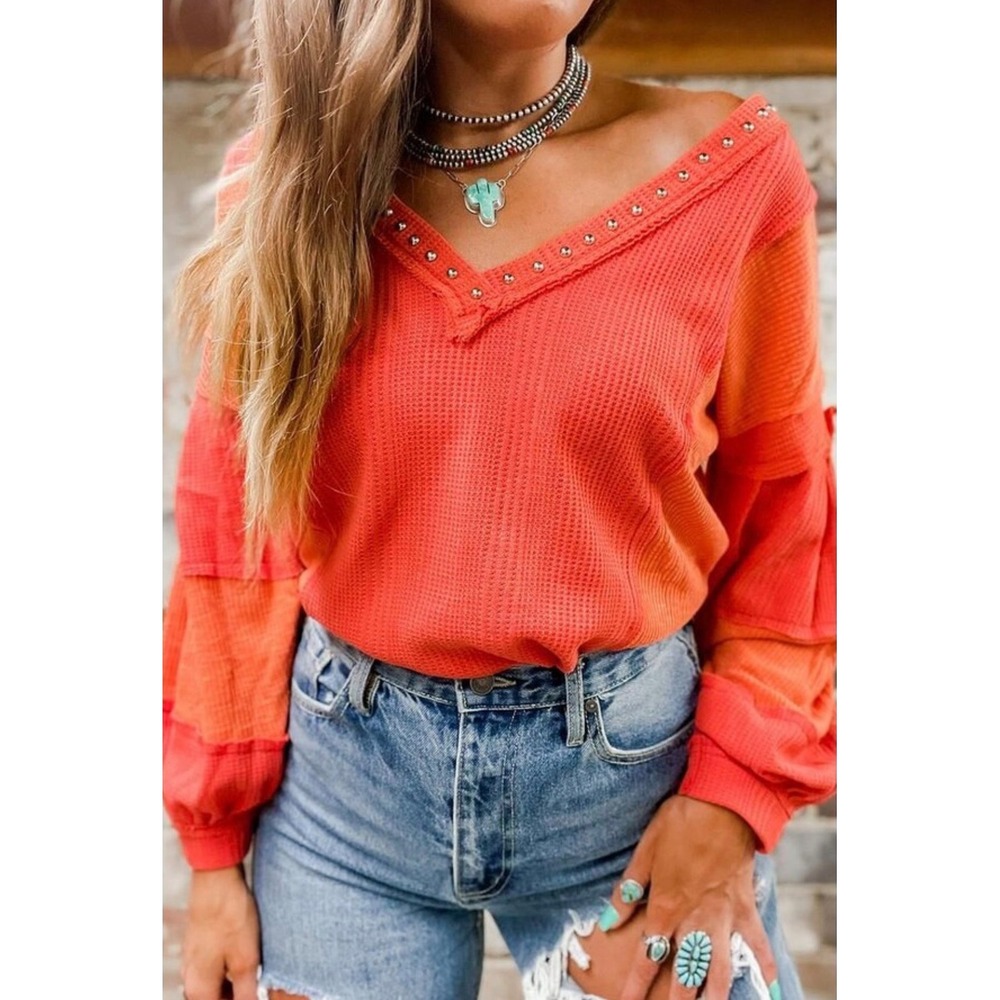 Charming Charli sz L Women Studded Waffle VNeck Long Sleeve Top patchwork stitch